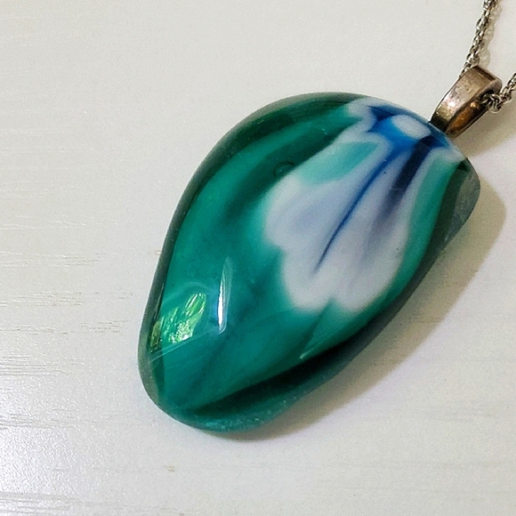 HANDMADE Glass Pendant And Necklace Turquoise Blue White Green - Picture 1 of 3